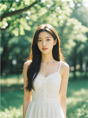 春天树下站立的清纯白裙美女图片